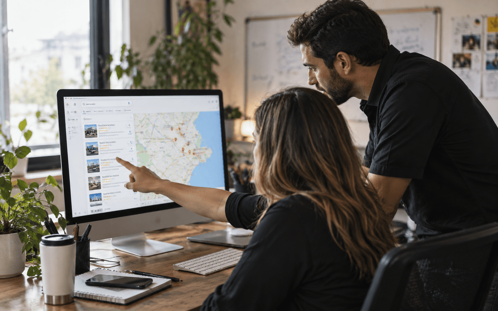 Two Three Points team members reviewing a client's Google Maps local results on a desktop screen.
