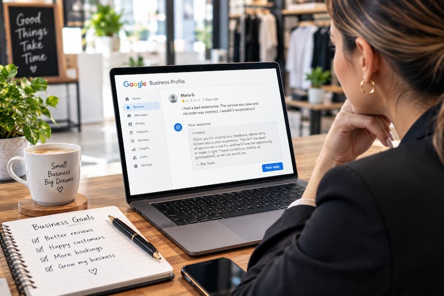 A person typing a reply on a laptop at a white desk.