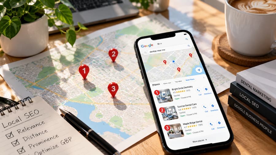 A hand holding a phone with a Google Maps route on screen.