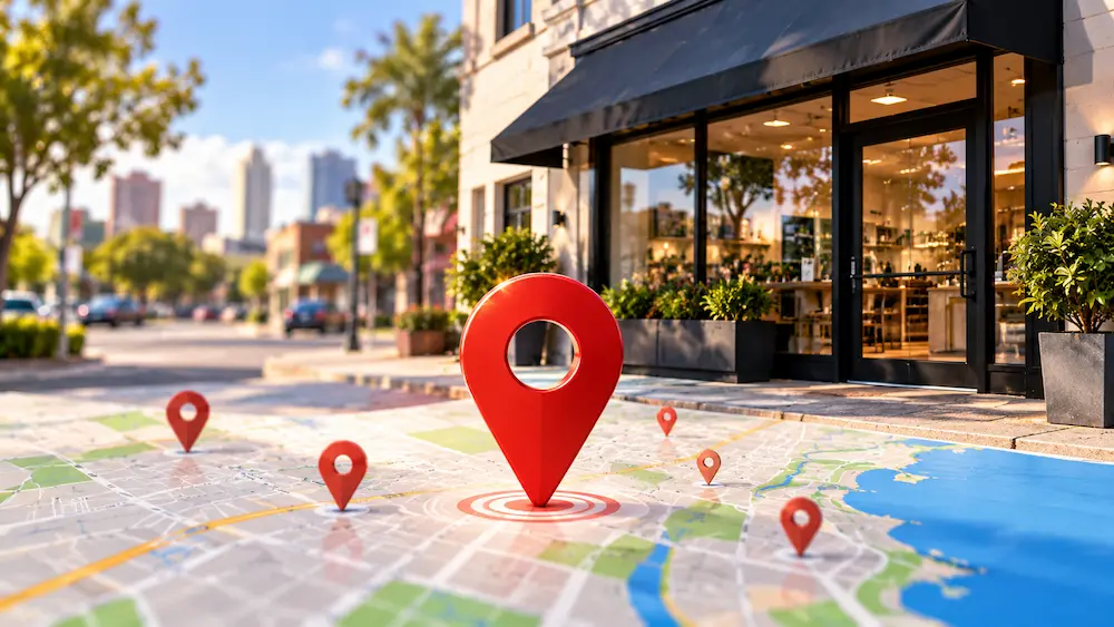 A hand holding a phone with a map open, looking for a business.